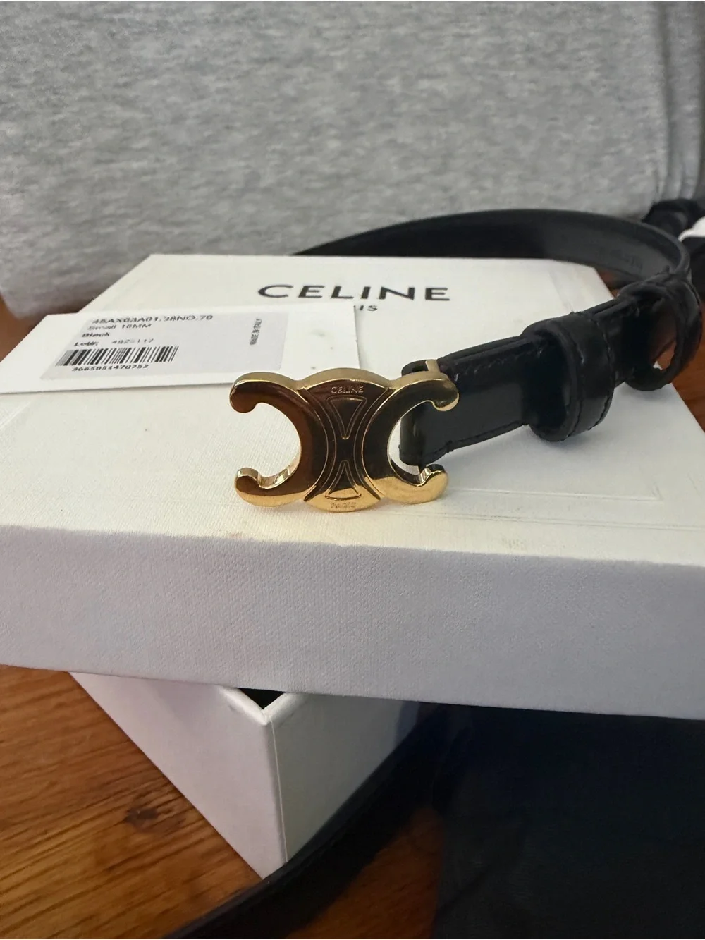 Authentic Celine Black Leather Belt with Gold Triomphe Buckle